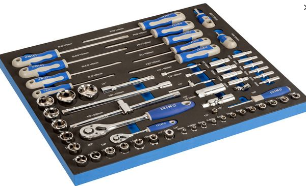 FOAM VASOS Y ACCESORIOS 1/2" Y 1/4", DESTORNILLADORES PH, PLANOS Y POZIDRIV 60 PIEZAS